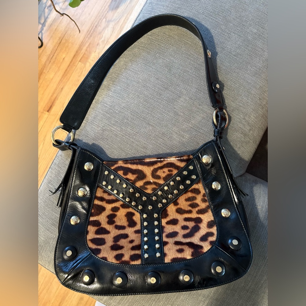 Yves Saint Lauren Leopard Print Calfskin Black Leather Women's Bag